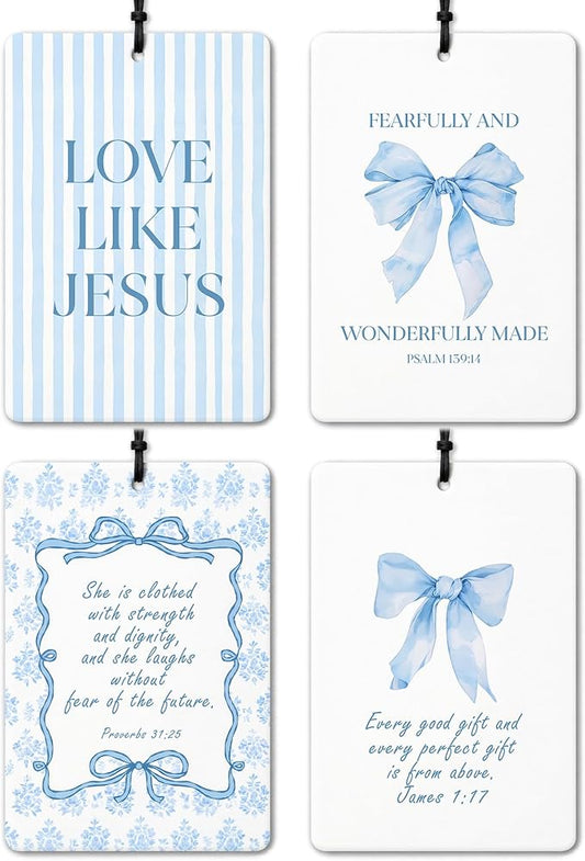 Blue Preppy Christian Car Air Freshener 4 Pcs, Coquette Blue Bow Inspirational Bible Verse Hanging Air Freshener for Cars Closet Drawer Books, Christian Girly Car Accessories for Women