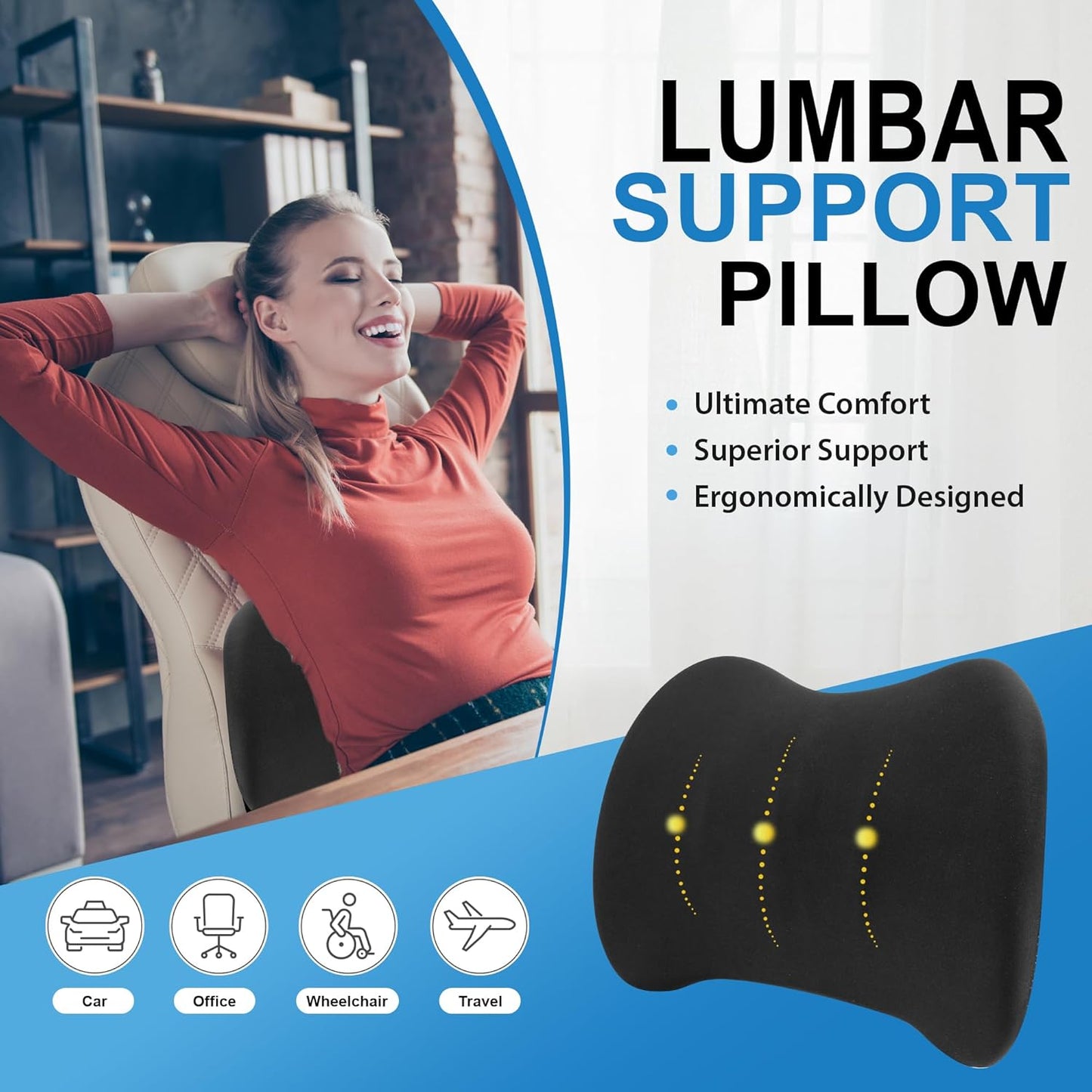 Memory Foam Lumbar Support Pillow Relieves Lower Back Pain for Driving, Chair Support for Car-Office Chair, Wheelchair -Matte Black