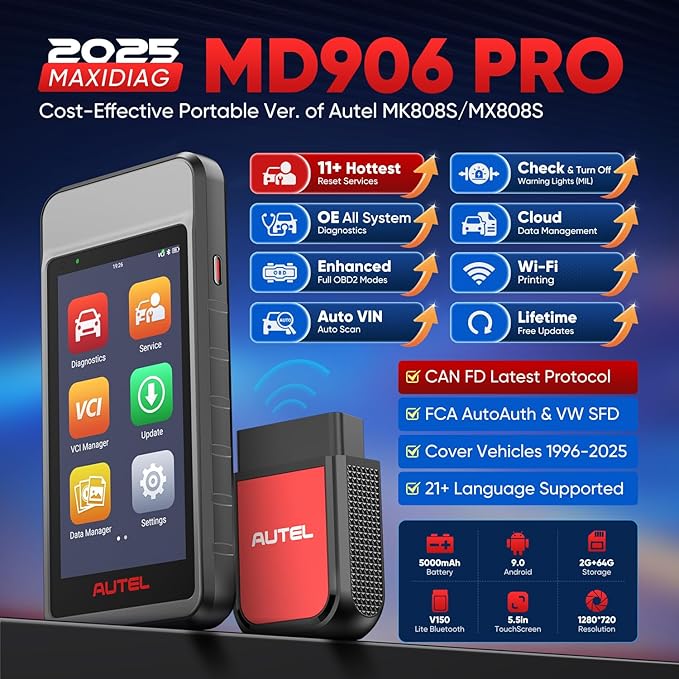 Autel MaxiDiag MD906 PRO OBD2 Scanner, 2025 MD906PRO All Sys Diagnostic Scan Tool Same as MD909 PRO, BT Lite of MK808S, CAN FD, 11 Services, 10 OBDII Test Modes, FCA, Free Update, Up of MD808Pro MD806
