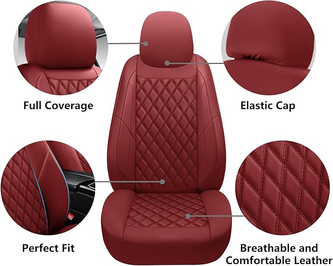 Premium Leather Car Seat Covers Front Pair,Universal Fit for Cars,Trucks&SUVs,Waterproof Car Seat Cushion,Full Coverage Car Seat Protector with 2 Seats,Wine Red