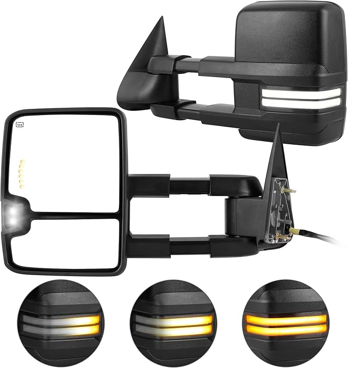 AUTOSAVER88 Towing Mirror Compatible with 2003-2006 Silverado Sierra 1500 2500 HD 3500 HD Tahoe Yukon, Power Heated Switchback LED Turn Signal Running Light (Black inside) Manual Telescoping Folding