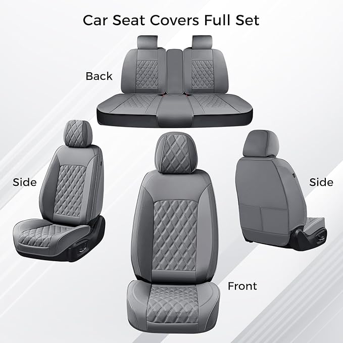 Huidasource Gray Seat Covers Full Set, Gray Seat Covers 5 Seats Waterproof Nappa Leather, Universal Fit for Most Cars,Van,Truck, SUV, Honda Civic Nissan Compass Sentra Focus Explorer(Full Set/Gray)