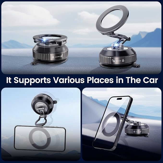 Tri-Folding Car Phone Holder for Magsafe[80+LBs Strongest Suction & 2850gf Strongest Magnetic], 360°Adjustable Phone Holders for Car, Suction Cup Phone Mount for iPhone17Pro Max /16/15/14Series，Black