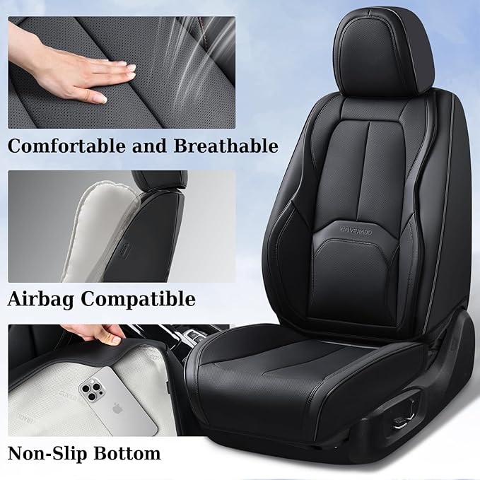 Coverado Automotive Seat Covers, Leather Seat Covers Front Seat, Luxury Car Seat Covers with Lumbar Support, Front Driver Seat Covers, Car Seat Protector Waterproof Universal Fit Most Cars(Black)