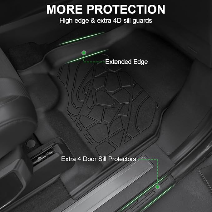 Car Floor Mats for Ford F-150 2015-2025 | F150 Lightning 2022-2025 SuperCrew (Rear w/o Fold Flat Storage) w/Carpet All Weather TPE Black Truck Liners Front & 2nd Row Door Protector Accessories