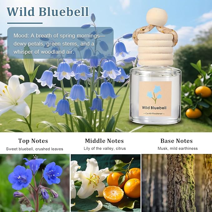 Car Air Freshener Oil Diffuser - Hanging Long Lasting Scent for Car & Home (BlackBerry & Bay, White Musk & Cedarwood, English Pear & Freesia, Wild Bluebell)
