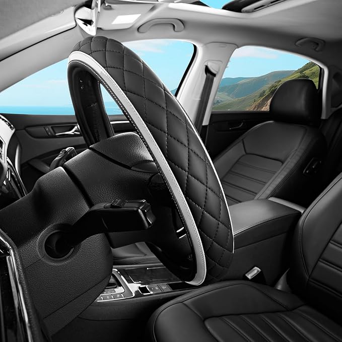 Road Comforts Leather Steering Wheel Cover – Black & Silver, Universal Fit 14.5-15 Inch, Microfiber Leather, Anti-Slip & Breathable Design for Men and Women