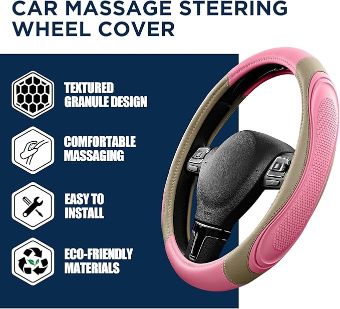 Road Comforts Car Steering Wheel Cover - Microfiber Leather Steering Wheel Wrap Sports 14.5-15 Inch Steering Wheel Cover Non-Slip for Men Women Pink & Beige Color