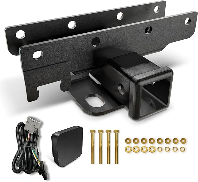 for Jeep Wrangler JK Accessories Towing Hitch Receiver with 4-Pin Wiring Harness Compatible with 2007-2018 Jeep Wrangler JK JKU, Rear Bumper Trailer Hitch Kit 2 Inch Tow Hook Combo with Cover