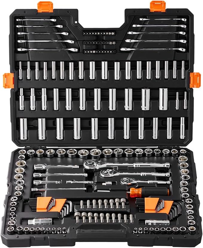 VEVOR Mechanics Tool Set, 1/4" & 3/8"& 1/2" Drive Deep and Standard Sockets, SAE/Metric 205 Pcs Mechanic Tool Kit with Bits, Combination Wrench, Hex Wrenches, Accessories, Storage Case