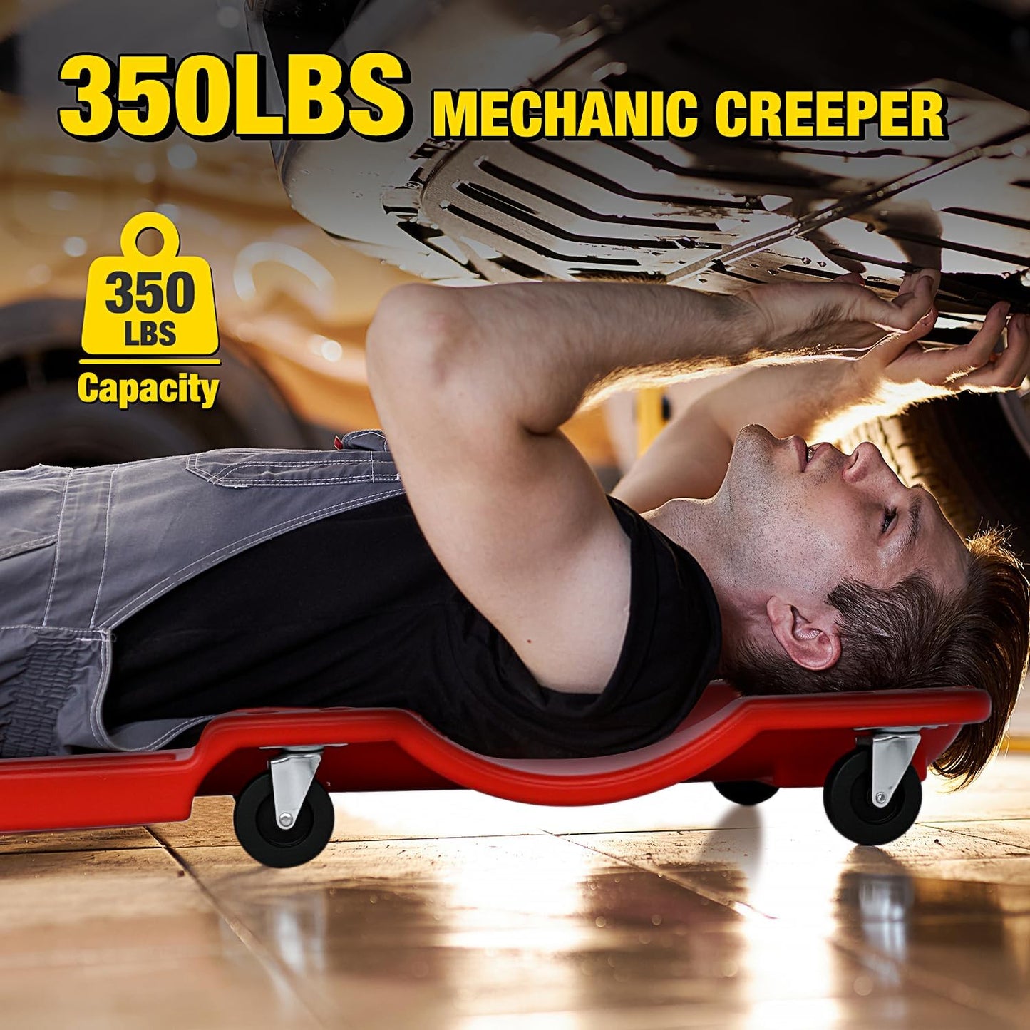 Nilight 40" Mechanic Plastic Creeper - 40 Inches Heavy Duty Shop Creeper with Padded Headrest and 6 Casters, 350 lbs Capacity, Red