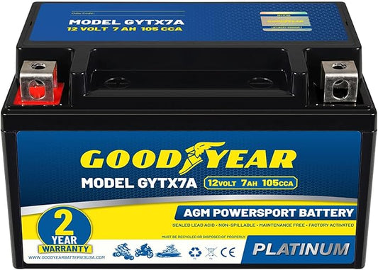 Goodyear GYTX7A -12 Volt 7 AH, 105 CCA, Rechargeable High-Performance, Maintenance Free, SLA - AGM Battery for Motorcycle, ATV, UTV, 4-Wheeler, Snowmobile, Watercraft and More!