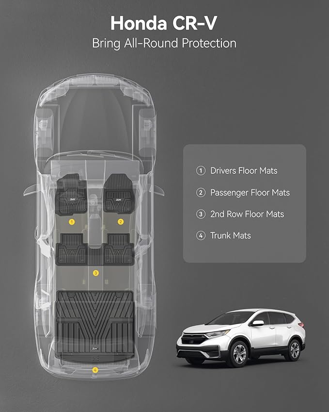 3W Floor Mats & Cargo Liner Fit for Honda CR-V 2017-2022(Not Fit for Hybrid), All Weather TPE Custom Fit Floor Liner 1st, 2nd Row and Full Set Trunk Car Mats Black