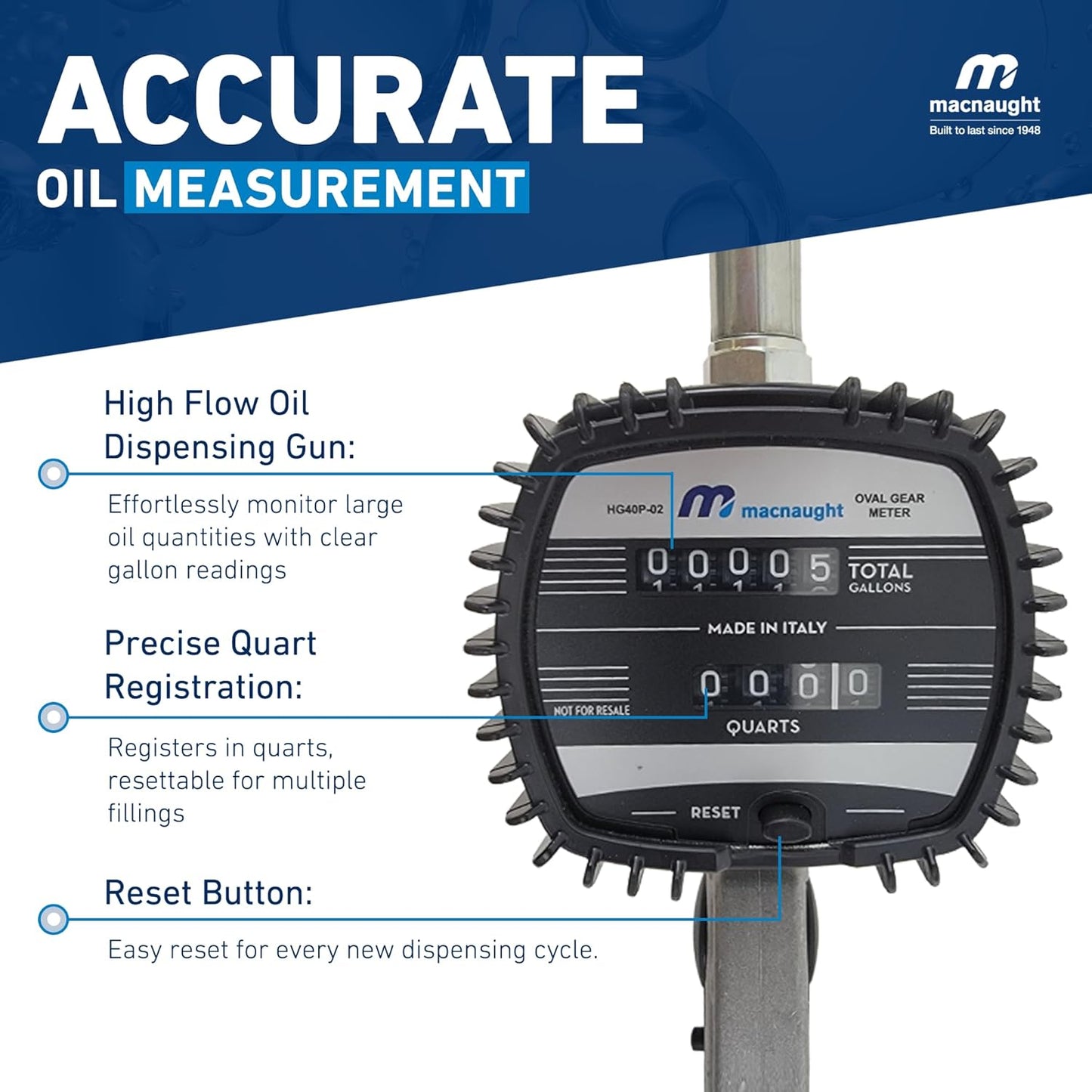 Macnaught Pneumatic Oil Gun with Control Valve 1/2" inch NPT Inlet, Mechanical Meter, Registers in Qts & Totals in Gal. Oil, antifreeze, trans fluid, lubricating oil, synthetic hydraulic oil & more