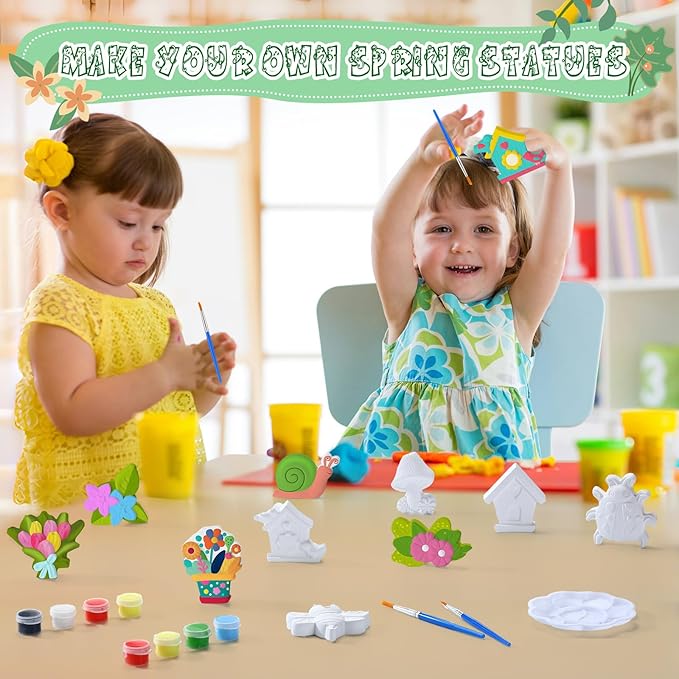 JellyArch 20 Set Spring DIY Painting Kit Ceramic to Paint Your Own Flowers Bee Snail Bird Butterfly Statues Unpainted Plaster Figurines Brushes Acrylic Paints Bags Party Favor for Adults