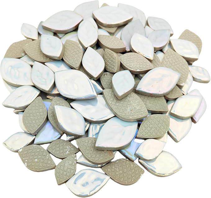 1.1LB Iridescent Leaves Ceramics Mosaic Tiles,Making Creative 3 Size Ceramic Mosaic Pieces for DIY Craft,Flowerpots,Vases,Cups,Garden Decor Mosaic Making Supplies (Iridescent White)