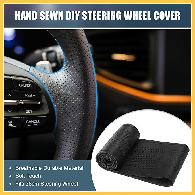 Car Hand Sewn DIY Steering Wheel Cover Breathable Comfortable 38cm Stitch on Wrap Cover Microfiber Leather Black Stitches Auto Replacement Parts