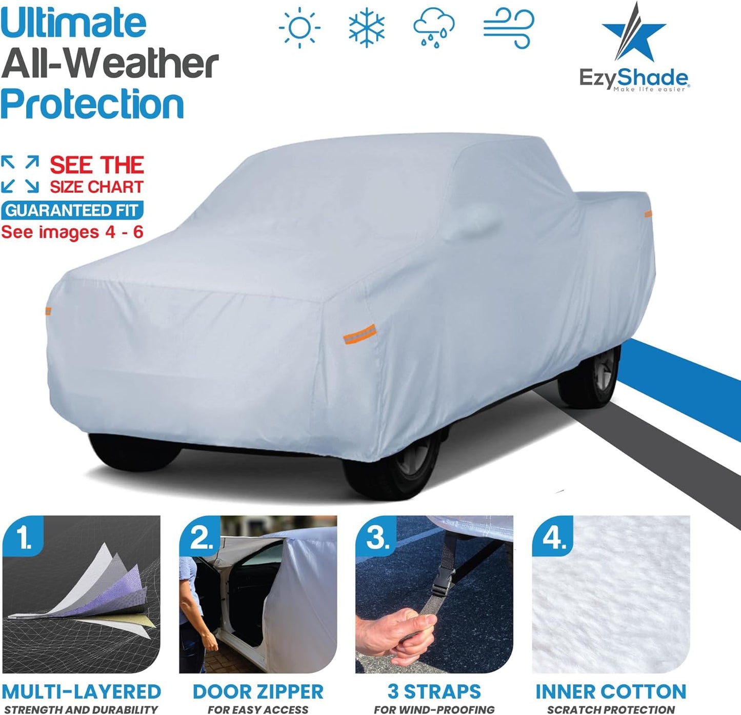 EzyShade 10-Layer Truck Cover Waterproof All Weather. See Vehicle Size-Chart for Accurate Fit. Full Outdoor Pickup Truck Covers for Colorado Ranger Tacoma. Sun Wind Rain. Size T0 (See SizeChart)