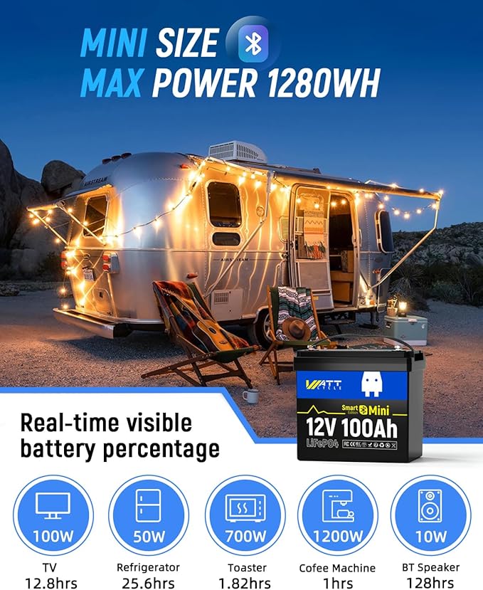 12V 100Ah LiFePO4 Lithium Battery with Bluetooth, BCI Group 24, 12V Mini Batterys 100A Smart BMS, Support Monitoring Battery via Phone Bluetooth, Up to 15000 Cycles for Trailer RV, Motor Home, Marine
