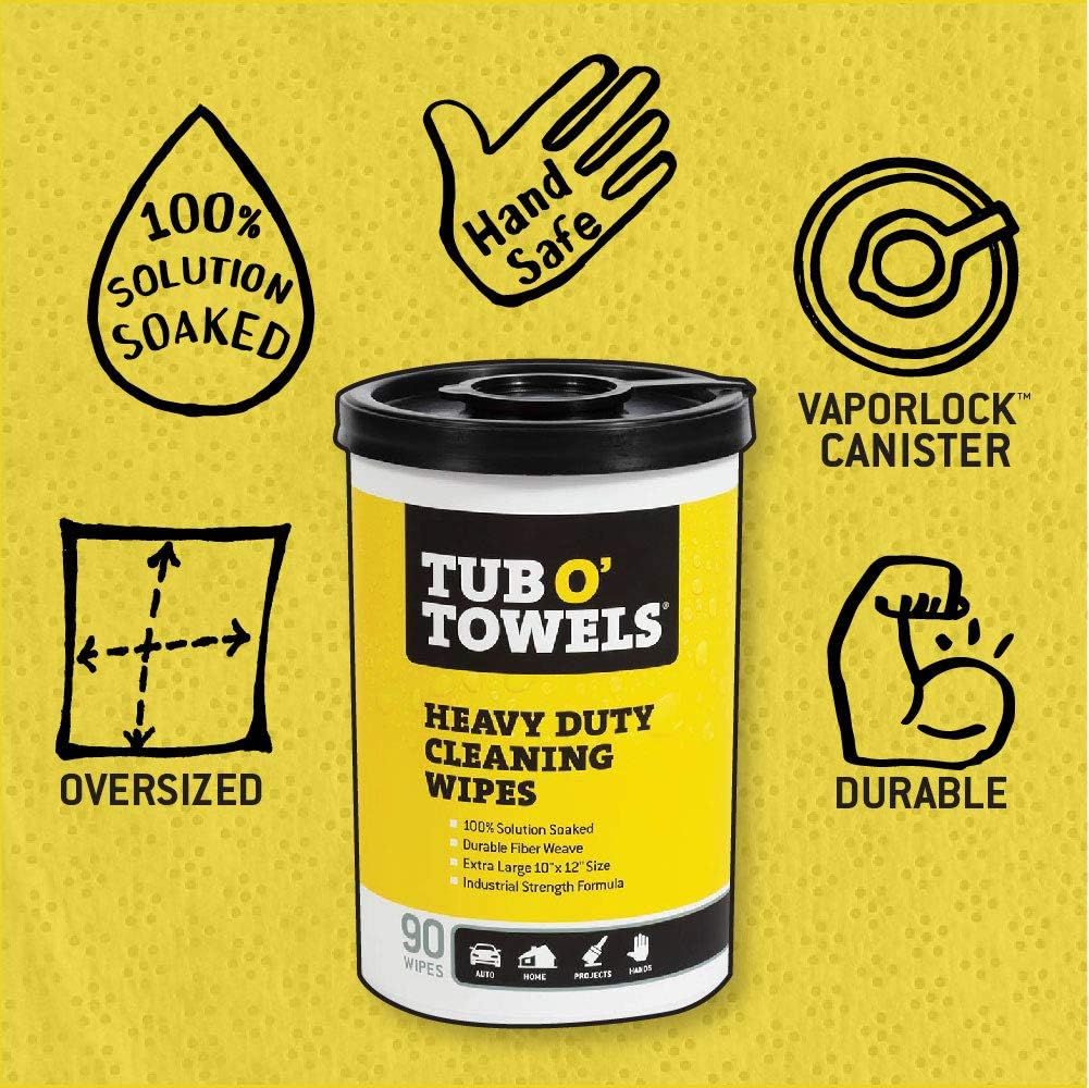 Tub O' Towels TW90 Heavy-Duty 10" x 12" Size Multi-Surface Cleaning Wipes, 90 Count Per Canister, 6 Pack