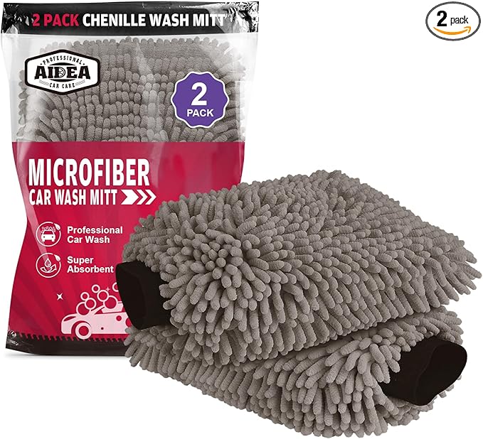 AIDEA Car Wash Mitt Microfiber-2Pack, Scratch-Free& Lint-Free, Premium Chenille Microfiber Wash Mitt-Grey Regular Size (7.12''X10.14'')