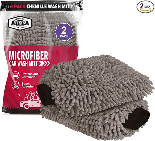 AIDEA Car Wash Mitt Microfiber-2Pack, Scratch-Free& Lint-Free, Premium Chenille Microfiber Wash Mitt-Grey Extra Large Size (8''X12'')