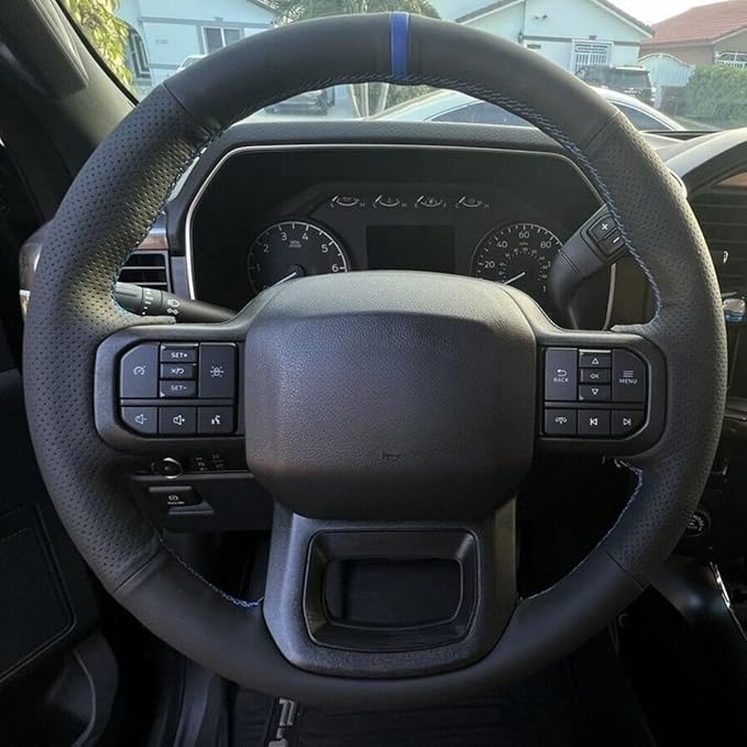 MEWANT Hand Sew Black Genuine Leather Steering Wheel Cover for Ford F150 Lightning F350 F450 Expedition 2022-2024