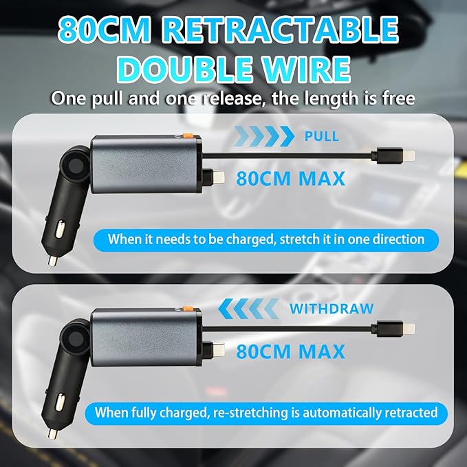 Retractable Car Charger,5 in 1 Fast Cars Phone Charger 60w,Bluetooth 5.3 FM Transmitter Adapter,Handsfree Call,MP3 Player,2 Retractable Cables and USB Chargers, for Phone,Galaxy,Pixel (Black)