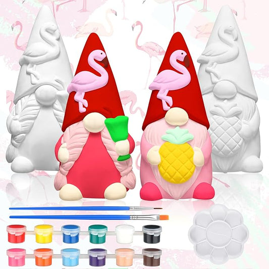 Hollowfly 2 Pack Christmas Gnomes Ready to Paint Your Own Flamingo Beach Gnome Statues, 4" Mini Blank Unpainted Ceramics to Paint Figurine Craft for Adults Xmas Holiday Garden DIY Art Decoration