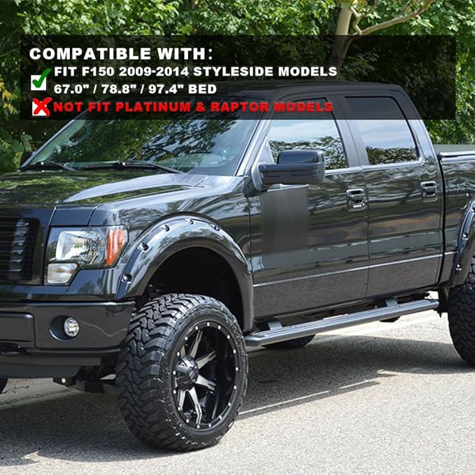 PIT66 Fender Flares Compatible with Ford F150 Styleside with 67.0"/78.8"/97.4" bed length models 2009-2014 (Do not fit Platinum and Raptor models) 4PCS Black Pocket Rivet Style Textured