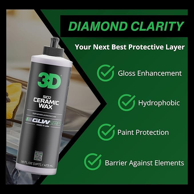 3D GLW Series Ceramic Wax – SiO2 Infused Car Wax for Ultimate Gloss, Hydrophobic Protection & Easy Application | Ultra Slick Shine | Made in USA 16 oz
