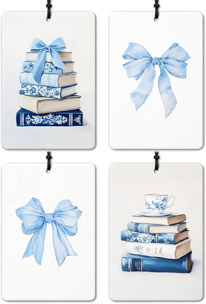 Blue Trendy Coquette Bow Car Air Freshener 4 Pcs, Books Lovers Gifts Hanging Air Freshener for Cars Closet Drawer Books Bathroom Office, Girly Car Accessories Mirror Decor for Women