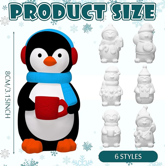 Eersida 6 Sets Christmas Penguin Ceramics to Paint Penguin Ready to Paint Your Own Ceramic Statues DIY Unpainted Ceramics Paintable Figurines Kit Crafts with Brush Palette