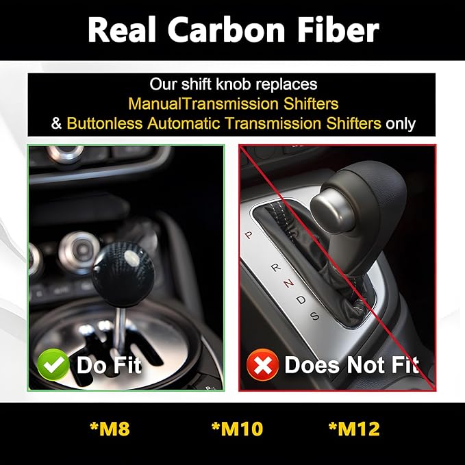 Real Carbon Fiber Shift Knob Gear Shifter Knobs with 3 Adapters Round Ball for Most Manual Car Universal Gear Shift Knob (Black)