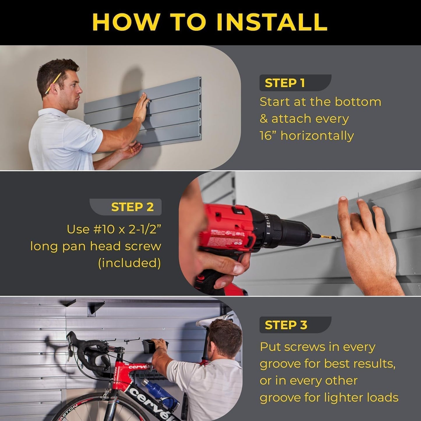 Slatwall Panel Garage Wall Organizer: Heavy Duty Wall Mounted PVC Wall Rack, Interlocking Slat Wall Paneling for Garage Wall Storage, Slatwall Board, Slatwall Shelves System -Black (8’H x 4’W)