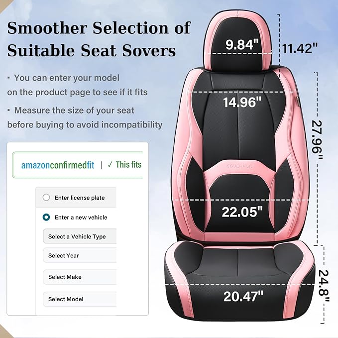 Coverado Car Seat Covers Full Set, Waterproof Nappa Leather Seat Covers for Car, Car Seat Protector with Lumbar Support, Automotive Seat Covers Universal Fit for Most Cars SUV Trucks, (Black&Pink)