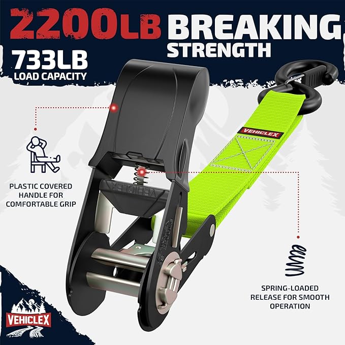 Ratchet Tie-Down Straps Set - (1" x 15', 2200lbs Breaking Strength) - Vehiclex Soft Loops, Coated S-Hooks, Storage Bag for ATV, Motorcycle, Bicycle, Kayak, Cargo Securing, Green