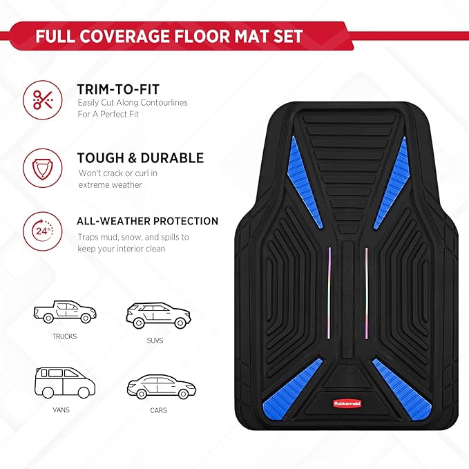 Rubbermaid Car Mat Full Set, Universal Trim-to-Fit Heavy-Duty Car Floor Mats – 4-Piece Set for All Weather Protection – Durable Rubber Mat for Cars, Trucks, SUVs & Vans-Blue