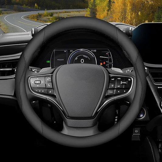Steering Wheel Cover Universal Standard Size 14.5-15 inch, Breathable Microfiber Leather, Anti-Slip, Soft Grip, Sporty Design, Fits for Cars SUVs Trucks, Black
