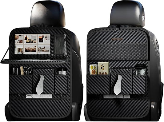 Car Seat Organizers,Multi-functional Back Seat Protectors, Storage Pouches, and Tray Holders (for Cars, Kids, Seat Back and Rear Seats) (Carbon Fiber, 2 Pcs)