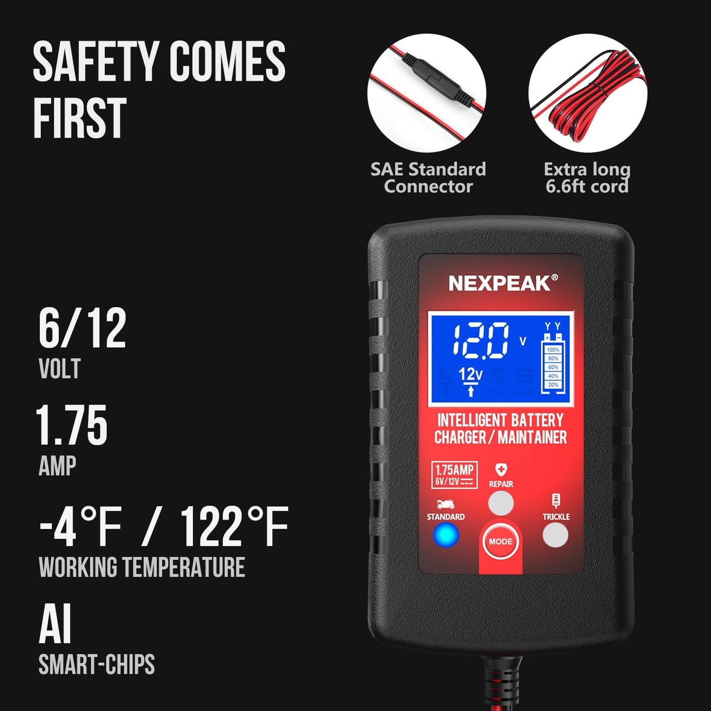 [3-Pack]1.75-Amp Car Battery Charger, 6V and 12V Smart Fully Automatic Battery Charger Maintainer, Trickle Charger, Battery Desulfator for Car, Lawn Mower, Motorcycle, Boat, Marine Lead Acid Batteries