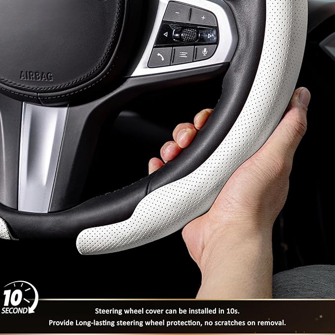 Aimato Nappa Leather Steering Wheel Cover, Ultra-Thin Car Steering Wheel Cover,Comfortable & Breathable Microfiber,Universal Fit for Most Cars,White