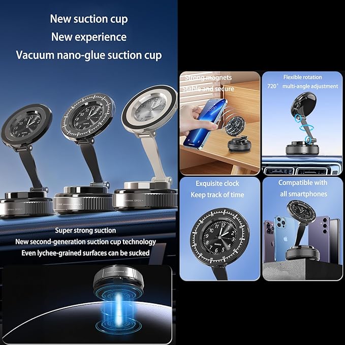 Magnetic Car Phone Holder for iPhone Magsafe, 360°Foldable Suction Cup Phone Mount, Stand for Desk with Clock Compatible with All Smartphones