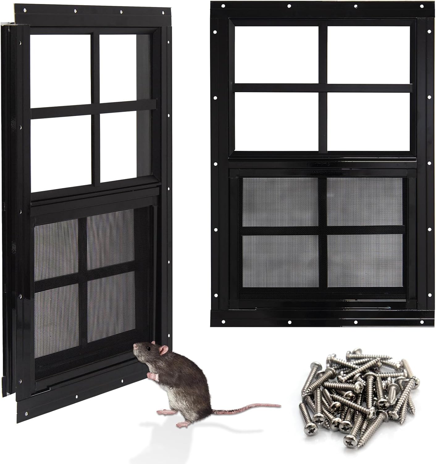 NeatiEase Upgraded Shed Windows 2 Pack, 18" x 23" Windows with Tempered Glass and Stainless Steel Screen for Shed, Chicken Coop, Playhouse, Household, Garage(Black)