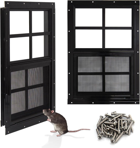 NeatiEase Upgraded Shed Windows 2 Pack, 12" x 18" Windows with Tempered Glass and Stainless Steel Screen for Shed, Chicken Coop, Playhouse, Household, Garage(Black)