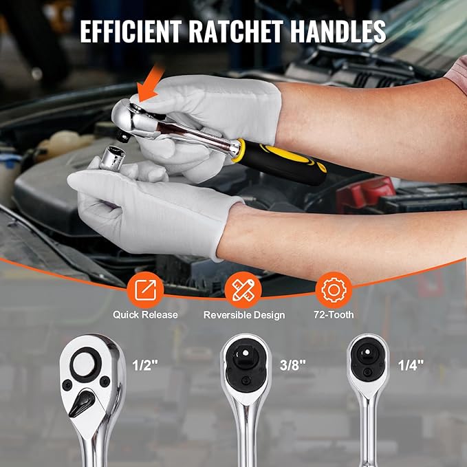 VEVOR 121-Piece Mechanics Tool Set - 1/4" 3/8" 1/2" Drive Sockets - SAE and Metric Mechanic Tool Kit with Bits - Ratchet Handle, Wrenches, Accessories, and Plastic Storage Case for Automotive Repair