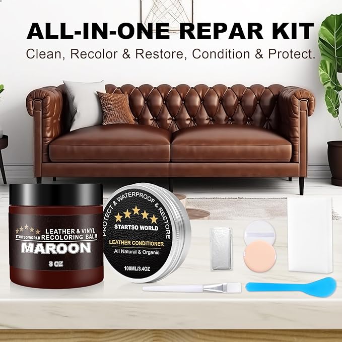 STARTSO WORLD 200Ml Leather Recoloring Balm with 100ML Leather Conditioner, Maroon Leather Repair Kit for Furniture, Leather Dye, Leather Scratch Repair, Leather Couch Paint