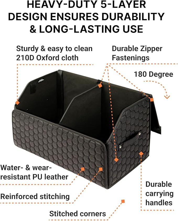 Owleys Cargo Organizer 17.7" - Compact Storage Totes With Lids For SUV, Sedan Or Truck - Durable Car Crate For Travel Essentials - Unique Gifts For Dad (Black 17.7)
