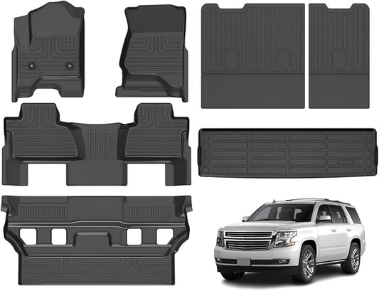 Floor Mats & Cargo Liner for 2015-2020 Chevy Tahoe & GMC Yukon (Bucket Seat) (Not XL) All Weather TPE Set Anti-Slip Waterproof Floor Liners Accessories (Car Mats+Trunk Mat+Backrest) Black