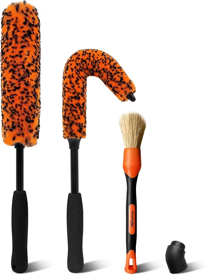 YeewayVeh Car Wheel Brush Kit, 3 Pack Scratch-Free Wheel Cleaner Brush and Detailing Brush, Wheel Car Cleaning Wash Brushes for Vehicle Motorcycle Rim Fenders Engine Exhaust Tips, Orange&Black